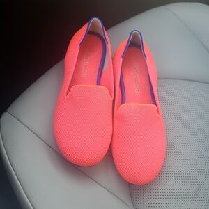 Rothy's Neon Coral Loafers with Purple Trim